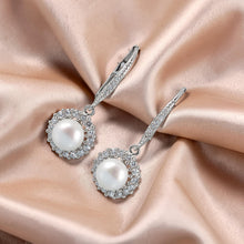 Load image into Gallery viewer, Sterling Silver White Pearl 42 CZ Leverback Earrings