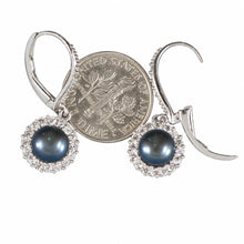 Load image into Gallery viewer, Sterling Silver Black Pearl 42 CZ Leverback Earrings