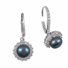 Load image into Gallery viewer, Sterling Silver Black Pearl 42 CZ Leverback Earrings