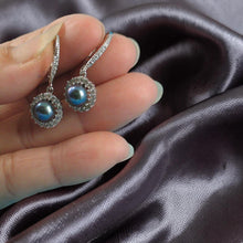 Load image into Gallery viewer, Sterling Silver Black Pearl 42 CZ Leverback Earrings