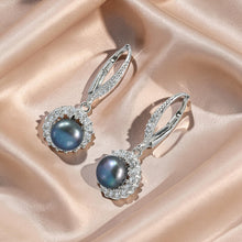 Load image into Gallery viewer, Sterling Silver Black Pearl 42 CZ Leverback Earrings