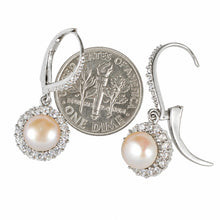 Load image into Gallery viewer, Sterling Silver Pink Pearl 42 CZ Leverback Earrings