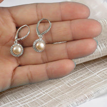 Load image into Gallery viewer, Sterling Silver Pink Pearl 42 CZ Leverback Earrings