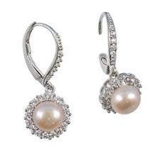 Load image into Gallery viewer, Sterling Silver Pink Pearl 42 CZ Leverback Earrings