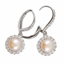 Load image into Gallery viewer, Sterling Silver Pink Pearl 42 CZ Leverback Earrings