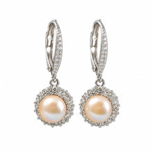 Load image into Gallery viewer, Sterling Silver Pink Pearl 42 CZ Leverback Earrings
