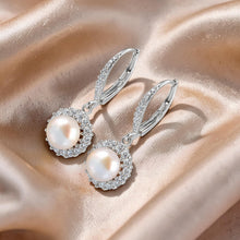 Load image into Gallery viewer, Sterling Silver Pink Pearl 42 CZ Leverback Earrings