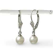 Load image into Gallery viewer, Sterling Silver Fleur De Lis Leverback White Pearl Earrings (6 mm)