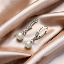 Load image into Gallery viewer, Sterling Silver Fleur De Lis Leverback White Pearl Earrings (6 mm)
