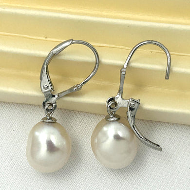 9100930 SILVER 925 FLEUR DE LIS LEVERBACK WHITE BAROQUE PEARL DANGLE EARRINGS