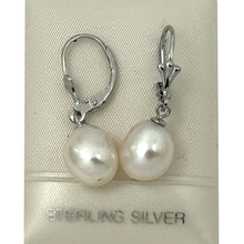 Load image into Gallery viewer, 9100930 SILVER 925 FLEUR DE LIS LEVERBACK WHITE BAROQUE PEARL DANGLE EARRINGS