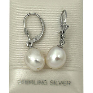 9100930 SILVER 925 FLEUR DE LIS LEVERBACK WHITE BAROQUE PEARL DANGLE EARRINGS