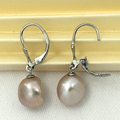 9100932 SILVER 925 FLEUR DE LIS LEVERBACK PINK BAROQUE PEARL EARRINGS