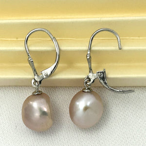 9100932 SILVER 925 FLEUR DE LIS LEVERBACK PINK BAROQUE PEARL EARRINGS