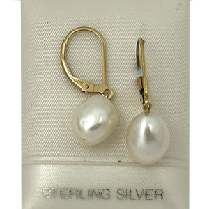 9100935 14K GOLD FILLED PLAIN LEVER BACK WHITE BAROQUE PEARL DANGLE EARRINGS