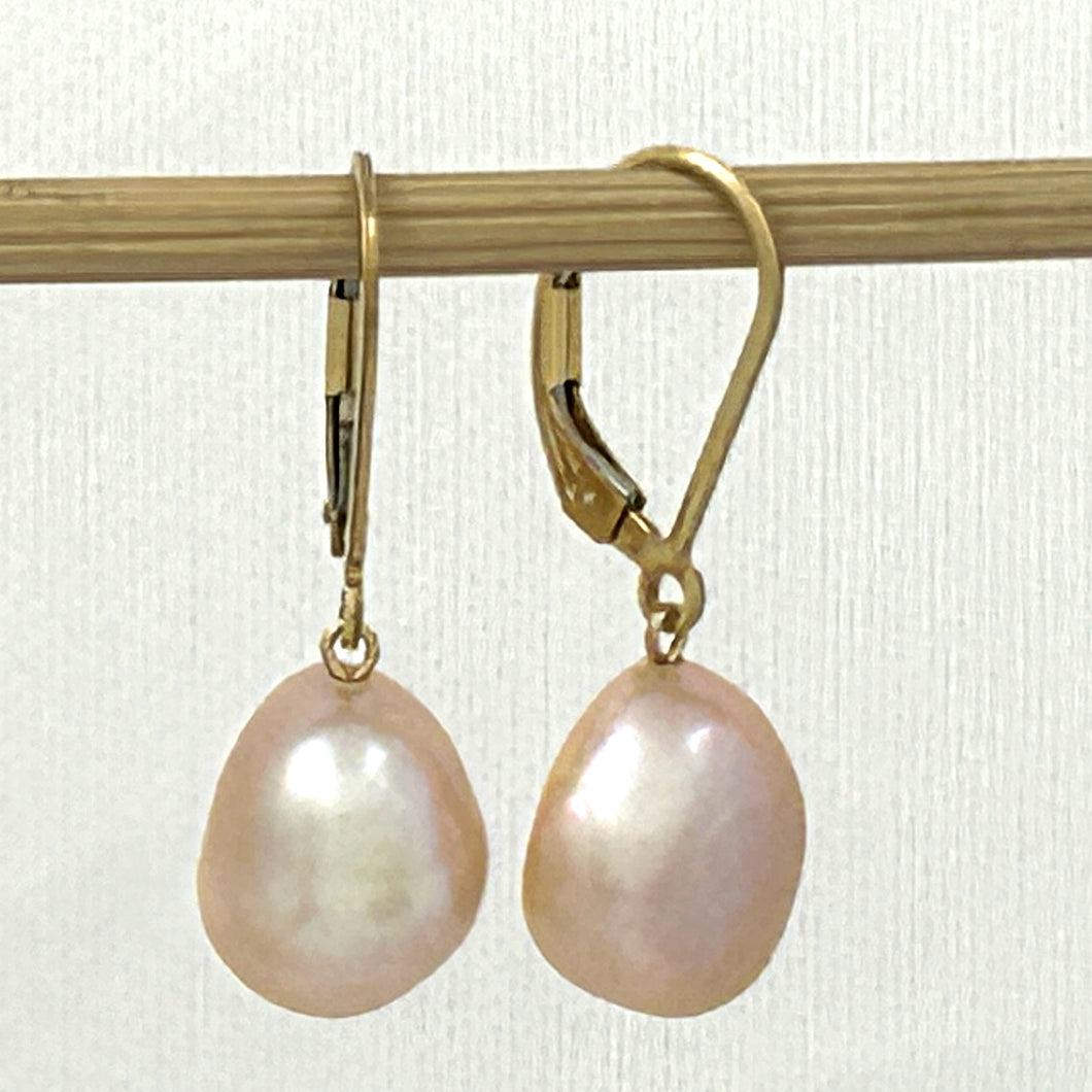 9100937 14K GOLD FILLED PLAIN LEVER BACK PINK BAROQUE PEARL DANGLE EARRINGS