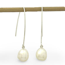 Load image into Gallery viewer, Sterling Silver V-Wire White Baroque Pearl Dangle Hook Earrings