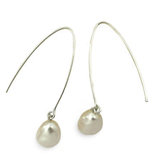 Load image into Gallery viewer, Sterling Silver V-Wire White Baroque Pearl Dangle Hook Earrings
