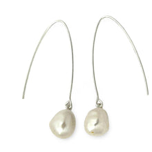 Load image into Gallery viewer, Sterling Silver V-Wire White Baroque Pearl Dangle Hook Earrings