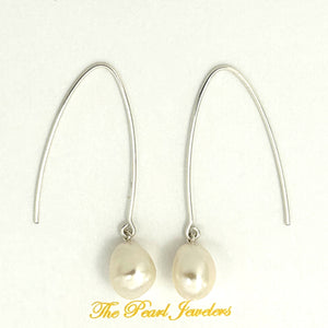 9100940 SILVER 925 V SHAPED WIRE WHITE BAROQUE PEARL DANGLE HOOK EARRINGS