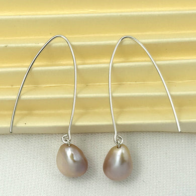 9100942 SILVER 925 V SHAPED WIRE PINK BAROQUE PEARL DANGLE HOOK EARRINGS