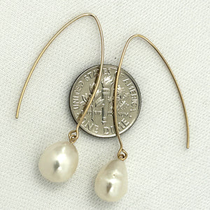 9100945 14K GOLD FILLED V SHAPED WIRE WHITE BAROQUE PEARL DANGLE EARRINGS