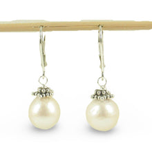 Load image into Gallery viewer, Sterling Silver Leverback Bali Bead White Nucleus Pearl Earrings