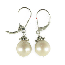 Load image into Gallery viewer, Sterling Silver Leverback Bali Bead White Nucleus Pearl Earrings