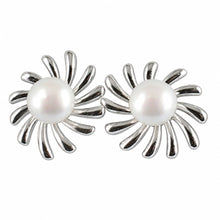 Load image into Gallery viewer, Sterling Silver Sunburst White Pearl Stud Earrings