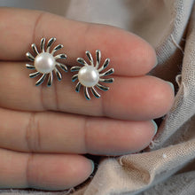 Load image into Gallery viewer, Sterling Silver Sunburst White Pearl Stud Earrings