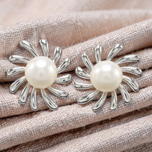 Load image into Gallery viewer, Sterling Silver Sunburst White Pearl Stud Earrings