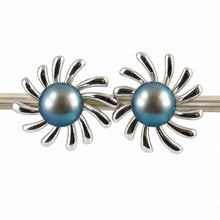 Load image into Gallery viewer, Sterling Silver Sunburst Black Pearl Stud Earrings