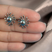 Load image into Gallery viewer, Sterling Silver Sunburst Black Pearl Stud Earrings