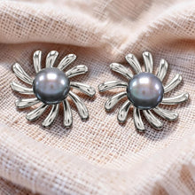 Load image into Gallery viewer, Sterling Silver Sunburst Black Pearl Stud Earrings