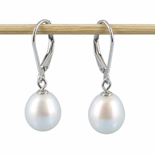 Load image into Gallery viewer, Sterling Silver Leverback White Pearl Dangle Earrings