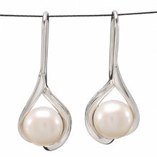 Load image into Gallery viewer, Sterling Silver Wave Hook Earrings with White Pearls