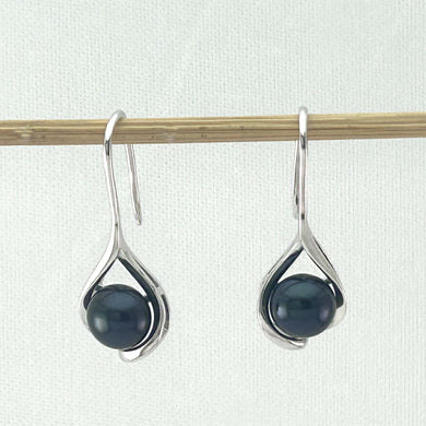 Sterling Silver Black Pearl Wave Hook Earrings