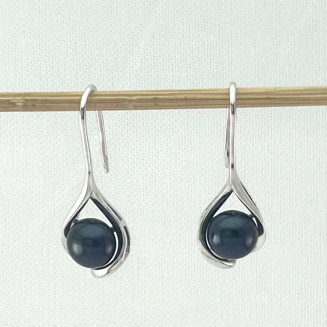Sterling Silver Black Pearl Wave Hook Earrings