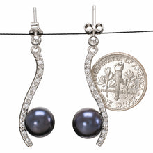 Load image into Gallery viewer, Sterling Silver Black Pearl &amp; CZ Dangle Stud Earrings