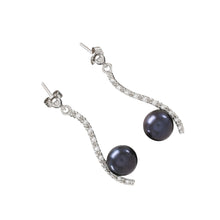 Load image into Gallery viewer, Sterling Silver Black Pearl &amp; CZ Dangle Stud Earrings