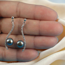 Load image into Gallery viewer, Sterling Silver Black Pearl &amp; CZ Dangle Stud Earrings