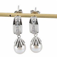 Load image into Gallery viewer, Sterling Silver Gray Pearl &amp; CZ Dangle Earrings