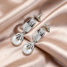 Load image into Gallery viewer, Sterling Silver Gray Pearl &amp; CZ Dangle Earrings
