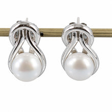 Load image into Gallery viewer, Sterling Silver Love Knot White Pearl Stud Earrings