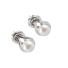 Load image into Gallery viewer, Sterling Silver Love Knot White Pearl Stud Earrings