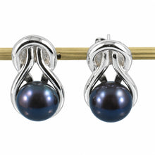 Load image into Gallery viewer, Sterling Silver Love Knot Black Pearl Stud Earrings
