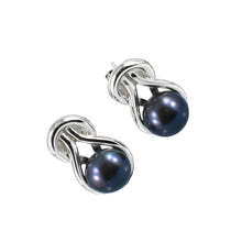 Load image into Gallery viewer, Sterling Silver Love Knot Black Pearl Stud Earrings