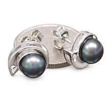 Load image into Gallery viewer, Sterling Silver Black Pearl Stud Earrings – Rhodium Plated