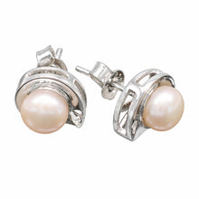 Load image into Gallery viewer, Sterling Silver Pink Pearl Stud Earrings – Rhodium Plated