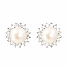 Load image into Gallery viewer, Sterling Silver White Pearl &amp; Cubic Zirconia Stud Earrings – Halo Design